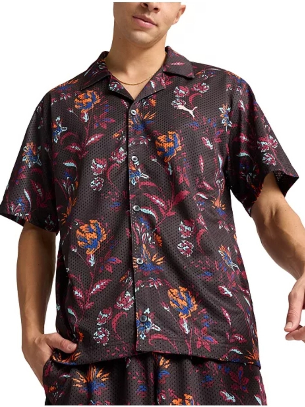 Puma Men's Relaxed-Fit Floral Button-Down Mesh Camp Shirt Multicolor Size L